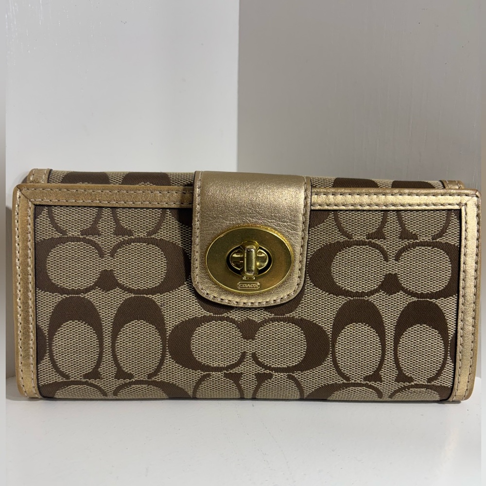 Coach Signature Canvas & Metallic Gold Leather Turnlock Wallet